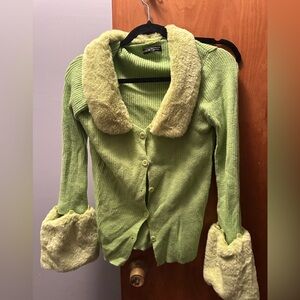 SHEIN Light Green Ribbed Sweater with Faux Fur
